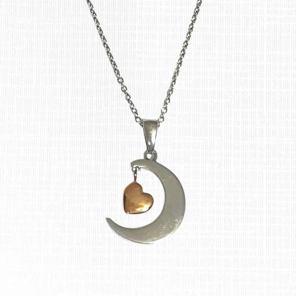 Moon Dangle Heart Pendant Necklace Love You More Stainless Steel Silver Tone 20